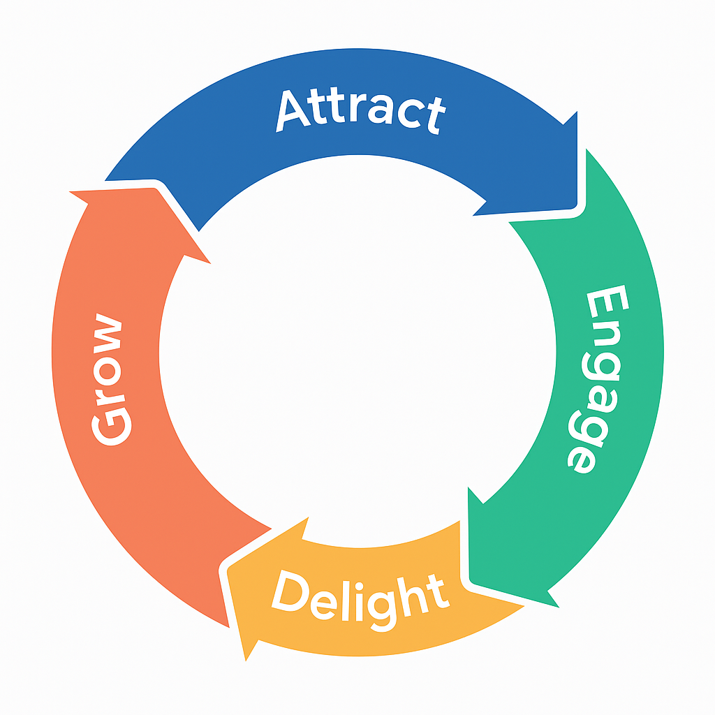 Business isn't a marathon or sprint, it's a flywheel, Attract, Engage, Delight, Grow, Berube BioVentures