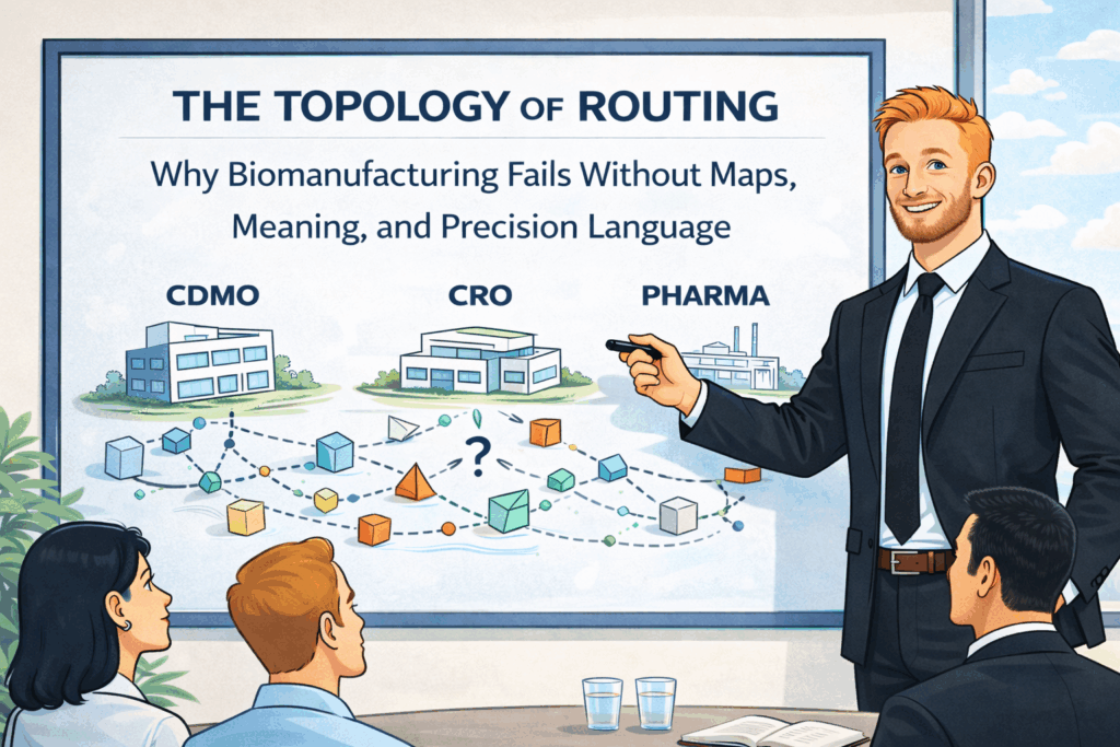THE TOPOLOGY OF ROUTING: Why Biomanufacturing Fails Without Maps, Meaning, and Precision Language - graphic