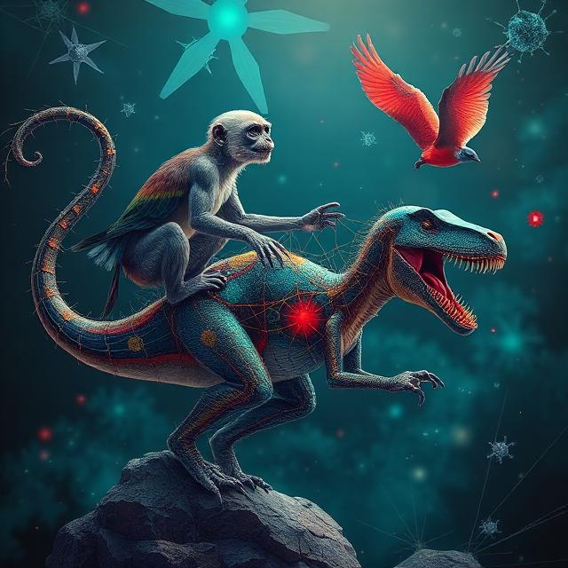Surrealism, Monkey riding on dinosaur and birds and geometry, turquoise orange art, Berube BioVentures
