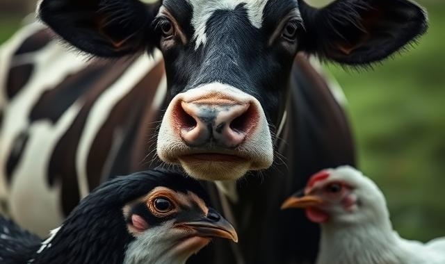 Berube BioVentures, Alternative Protein banner, Cow, two chickens faces, green black white pink 