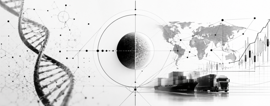 black white biotech chemistry biology, with dna molecule, egg, boats, ocean, world map, data analytics graphic