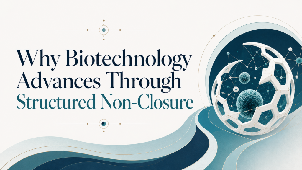 Elegant biotech banner reading “Why Biotechnology Advances Through Structured Non-Closure,” with large navy and teal serif typography on a clean white background, flowing layered teal geometric forms, and a partially open spherical molecular structure containing interconnected cells and network nodes, symbolizing biotechnology as an open, relational ecosystem.