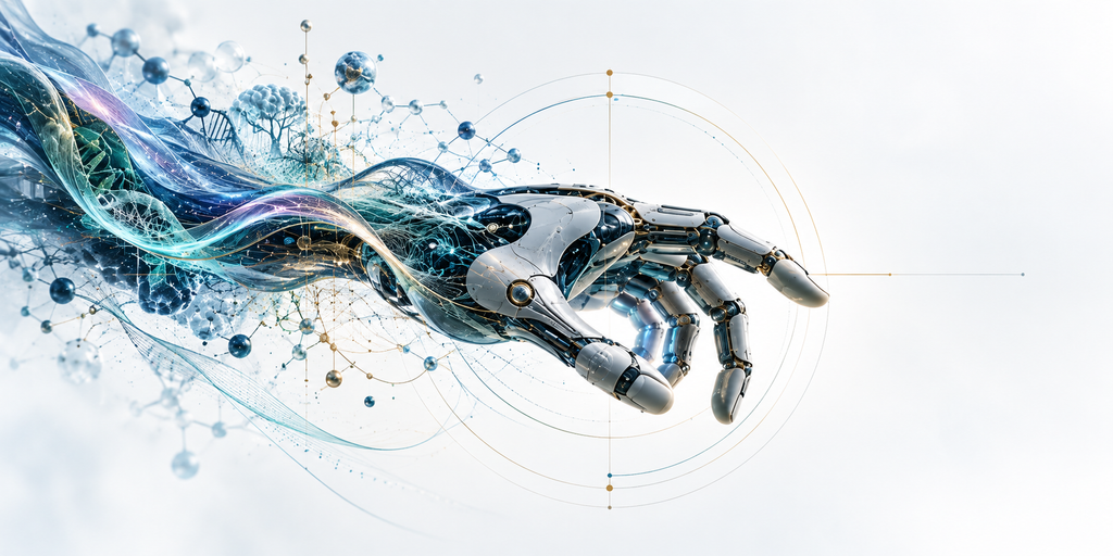 A futuristic robotic hand emerges from flowing blue molecular networks, neural structures, and luminous energy streams, symbolizing the transformation of intelligence and abstract possibility into physical form.