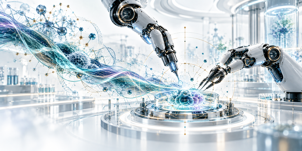 Two advanced robotic arms manipulate a glowing biological structure inside a futuristic laboratory, surrounded by molecular networks and flowing energy, illustrating the convergence of artificial intelligence, biotechnology, and physical creation.